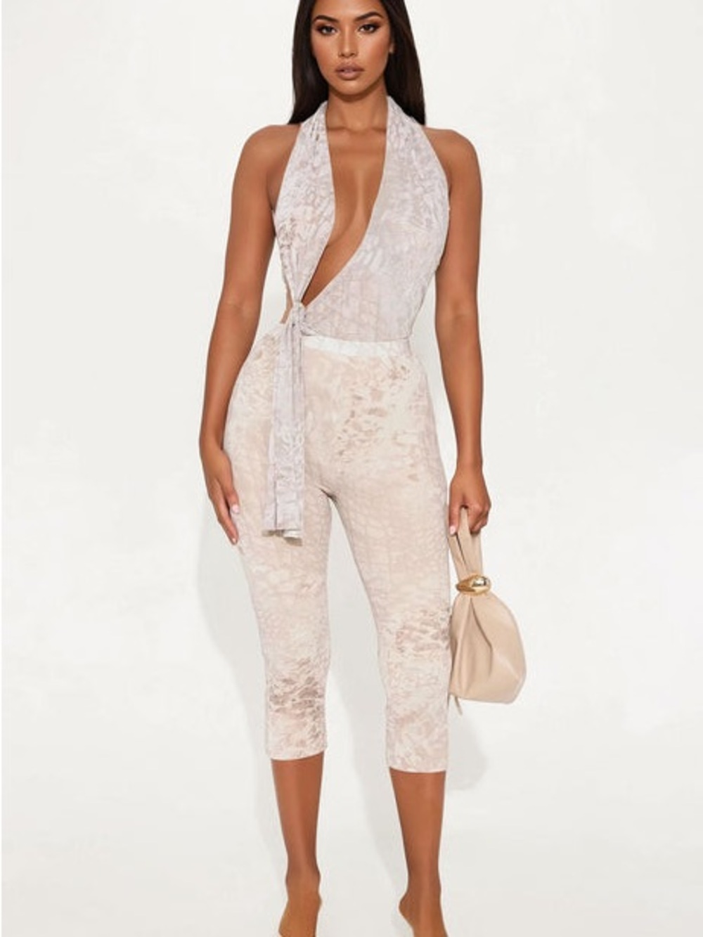 Beige Halter Velvet Jumpsuit